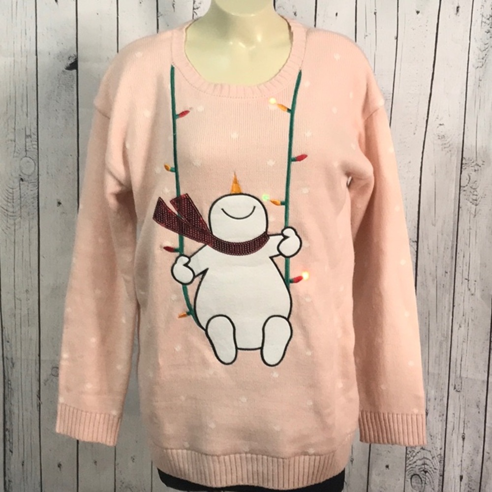 Holiday Sweater Snowman on swing pink lights up Ugly Christmas Sweater